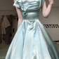 Mint‑Green Satin A‑Line Midi Prom Gown, Square‑Neck Cap‑Sleeve 3D‑Shoulder‑Bow Irregular‑Hem Evening Dress gh9043