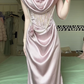 Dusty Lilac Cowl Neck Long Evening Gown, Lace Corset Pearl Trim Mermaid Formal Prom Dress gh9041