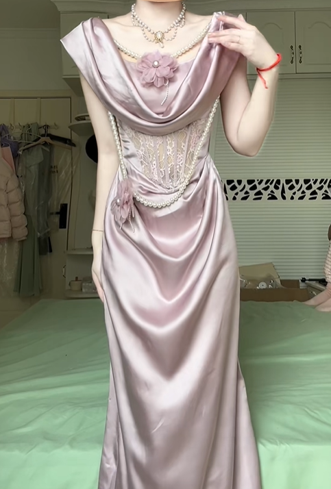 Dusty Lilac Cowl Neck Long Evening Gown, Lace Corset Pearl Trim Mermaid Formal Prom Dress gh9041