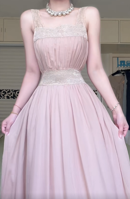 Dusty Pink Lace Strap Long Bridesmaid Gown, Square Neck, Lace Waistband, Chiffon A‑Line Floor‑Length Evening Dress gh8934