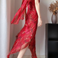 Wine‑Red‑Vintage‑Dress Spaghetti‑Strap 3D‑Rose‑Appliqués Gold‑Beaded‑Embroidery Glitter‑Striped‑Tulle Asymmetrical‑Ruffled‑Slit‑Mermaid‑Hem Matching‑Tassel‑Scarf Midi‑Evening‑Party‑Gown gh8828