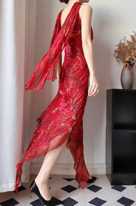 Wine‑Red‑Vintage‑Dress Spaghetti‑Strap 3D‑Rose‑Appliqués Gold‑Beaded‑Embroidery Glitter‑Striped‑Tulle Asymmetrical‑Ruffled‑Slit‑Mermaid‑Hem Matching‑Tassel‑Scarf Midi‑Evening‑Party‑Gown gh8828
