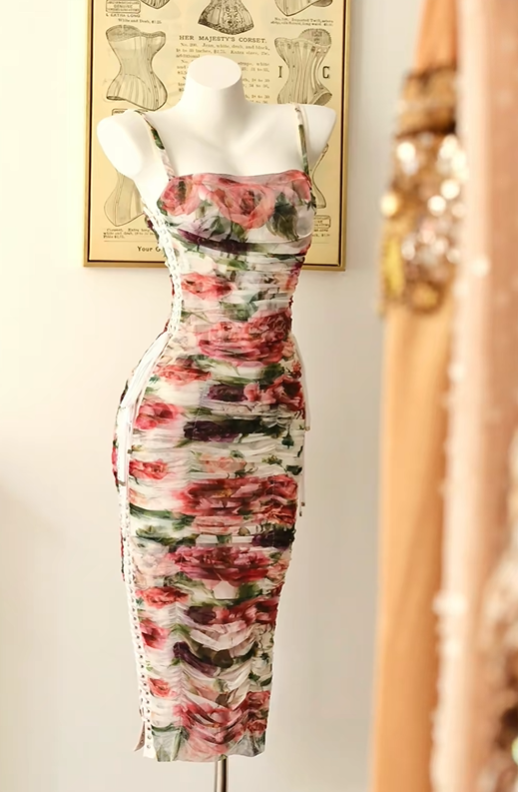 Women Vintage Floral Midi Bodycon Cocktail Dress Square Neck Wide Shoulder Straps Ruched Tulle Side Corset Lace-Up Formal Gown gh9580