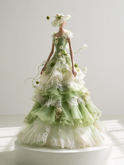 ✨Girlhomeshops-Green Forest Fairy 3D Floral Tiered Tulle Ball Gown gh10497