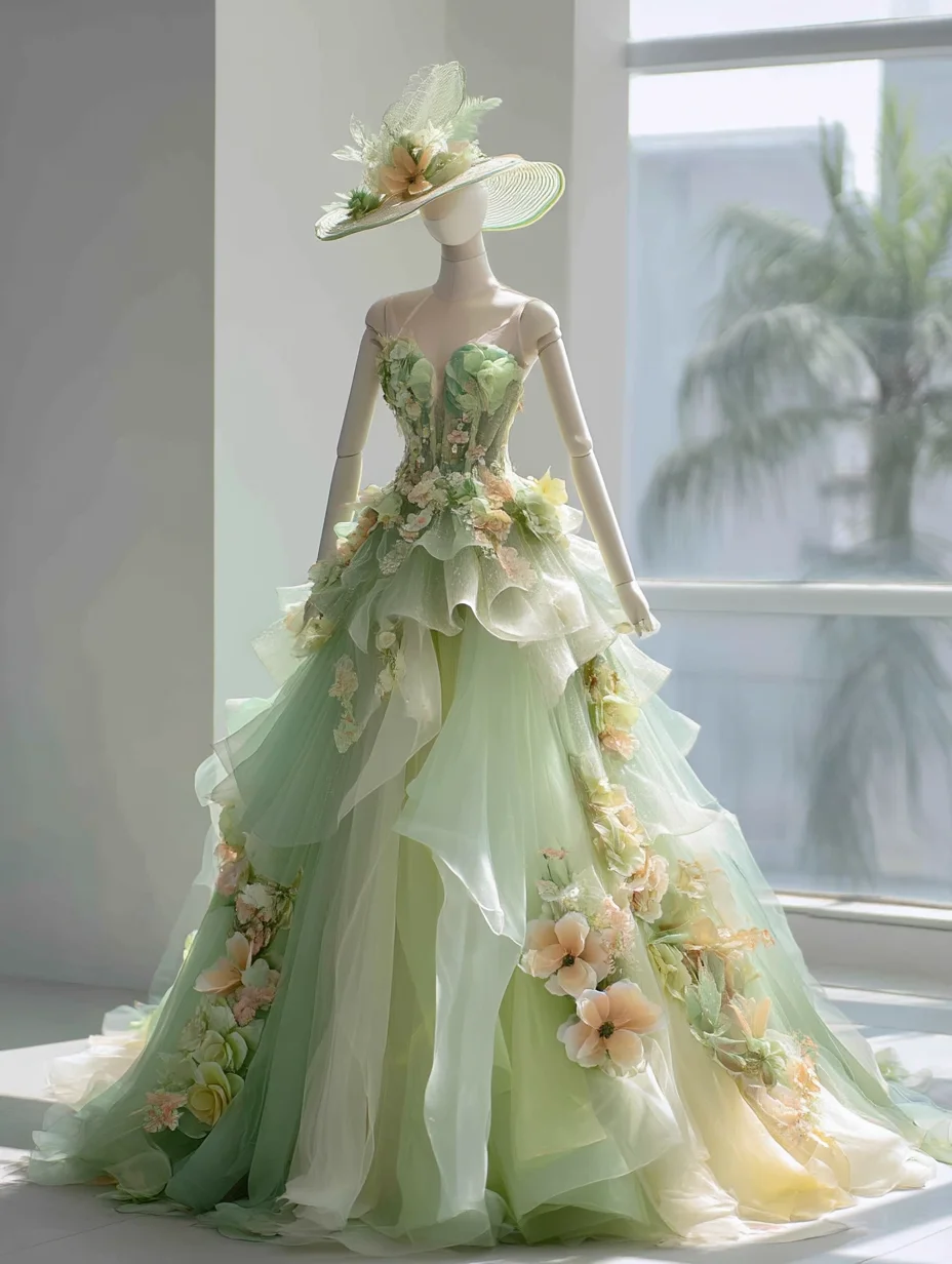 ✨Girlhomeshops-Ombre Green Fairy Evening Gown, Spaghetti Strap, 3D Flowers, Layered Ruffle Tulle Prom Dress gh10494