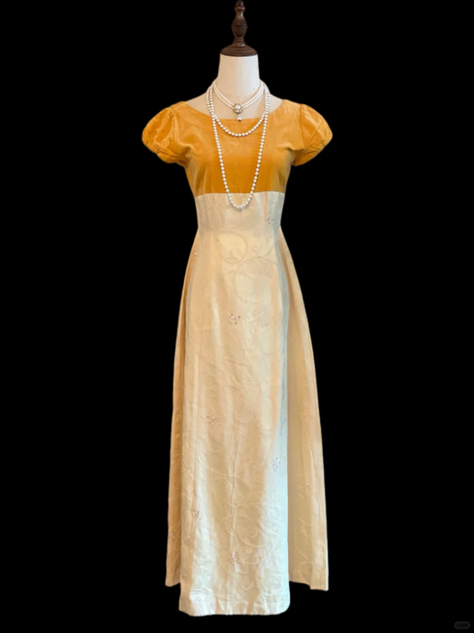 Regency Vintage Color‑Block Long Evening Gown, Boat Neck Puff Short Sleeves, Empire High Waist, Cream Jacquard Skirt With Beaded Floral Embroidery, Retro Prom Party Dress gh8899