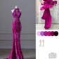 Pink Gorgeous Shiny Exquisite Beaded Halter Long Mermaid Slim Sequin Floor Length Ball Gown Evening Gown Party Dress gh3395