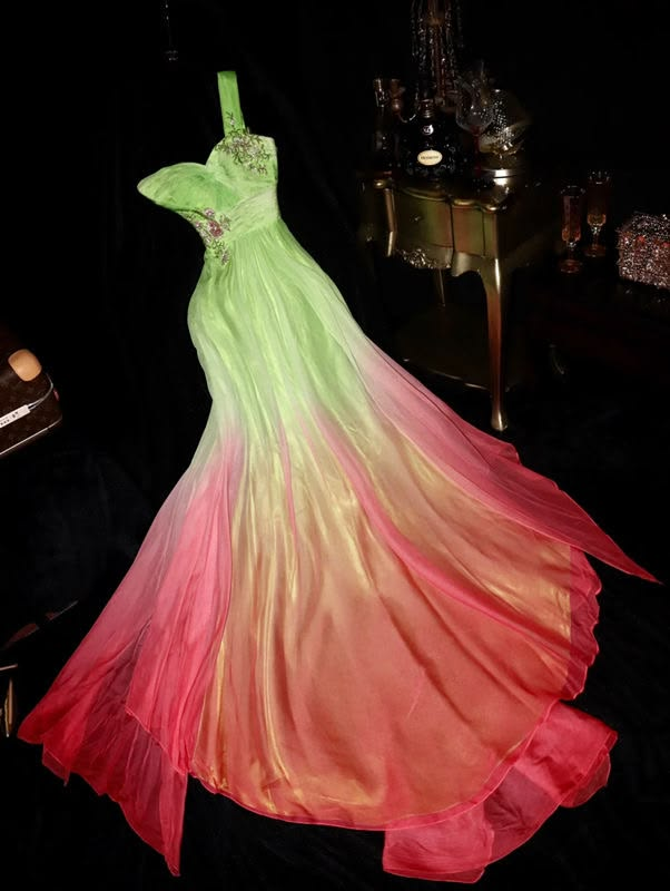 ✨Girlhomeshops-Green Red Ombre Floral Beaded Chiffon Prom Dress gh10169