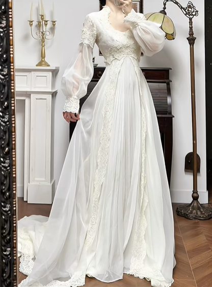 Ivory Vintage Chiffon Wedding Gown, V‑Neck Lace High Collar, Lace‑Sheer Puff Long Sleeves, Lace Appliqué Empire Waist, Draped Pleated Flowy Full Skirt, Side Lace Trim, Lace‑Edged Train, Bridal Prom Dress gh8734