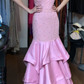 Pink Strapless Sweetheart Hand Beaded Tiered Ruffle Satin Mermaid Long Evening Prom Dress gh9785