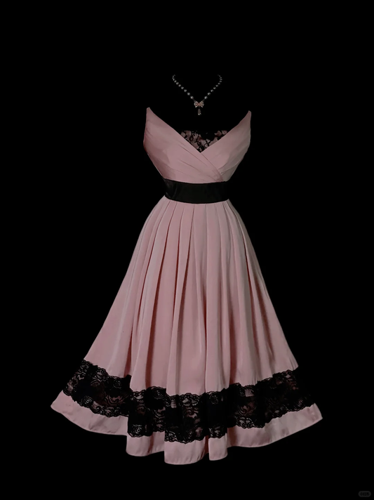 Dusty Pink Vintage Strapless Midi Prom Gown, V‑Neck Wrap Bodice, Lace Back Panel, Black Wide Satin Waistband, Pleated Full Midi Skirt, Wide Black Lace Hem Trim, Retro Elegant Party Photoshoot Dress gh8873
