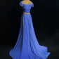 ✨Girlhomeshops-Royal Blue Cap Sleeve Gold Beaded Chiffon Gown Sweep Train gh10150