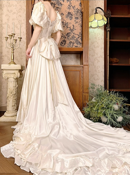 Long Prom & Wedding Dress, Off‑White With Puff Sleeves, Fitted Waist, Full Flared Skirt gh8608