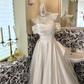 Ivory Soft Off-the-Shoulder Waist-Cinched Minimalist Grand Long Romantic Dress, Wedding Gown gh7599