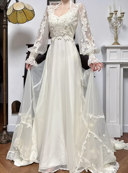 Ivory Vintage Lace Stand Collar Lantern Sleeve Tiered Lace‑Trim Long Train Tulle Wedding Dress gh8765