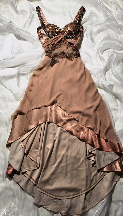 Luxury Vintage Rose Gold Spaghetti Strap Embroidered Fitted Waist Slim Prom & Evening Party Dress gh8528