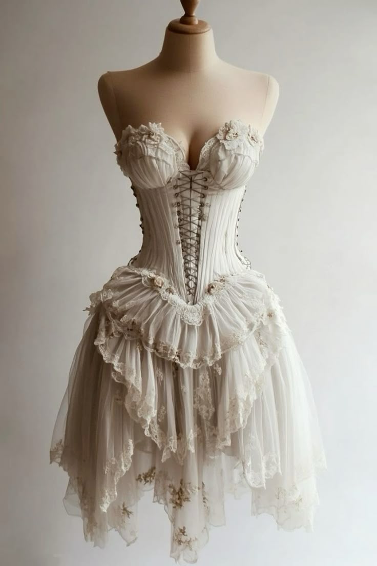 Robe mini bouffante blanche sans bretelles à lacets et empiècements en dentelle gh6395