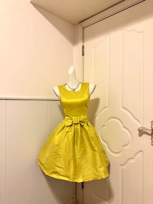 Mustard Yellow Vintage Homecoming Dress Sleeveless Square Neck A-Line Cocktail Party Gown with Bow gh9364