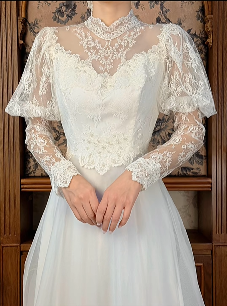 Off‑White Long Puff Sleeve Fitted Waist Elegant Vintage Long Prom Gown, Wedding Prom Dress gh8596