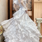 White Vintage Satin Multi‑Layer Long Train Wedding Prom Dress, Mock Two‑Piece Lace V‑Neck, Puff Over‑Sleeves Lace Inner Sleeves, Baroque Lace Appliqués gh8709
