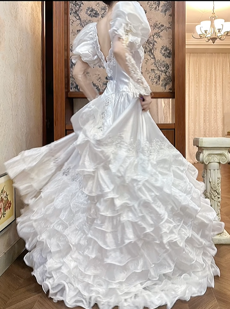 White Vintage Satin Multi‑Layer Long Train Wedding Prom Dress, Mock Two‑Piece Lace V‑Neck, Puff Over‑Sleeves Lace Inner Sleeves, Baroque Lace Appliqués gh8709