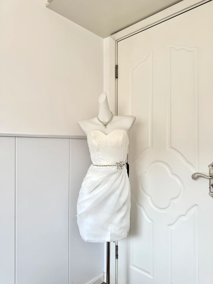 Women White Homecoming Dress, Strapless Sweetheart Neck Pleated Bodice With Rhinestone Floral Belt Draped Ruched Bodycon Mini Party Dress gh9189