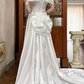 White Vintage Satin Long‑Train Wedding Prom Dress, Off‑the‑Shoulder Cape Collar With Big Bow, Lace Beaded Bodice, Scattered Lace Appliqués gh8711