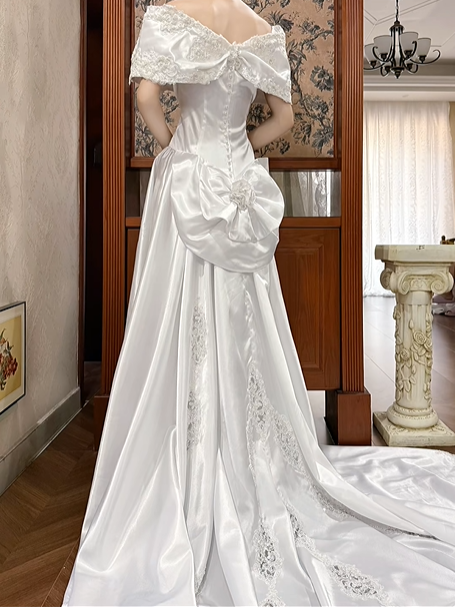 White Vintage Satin Long‑Train Wedding Prom Dress, Off‑the‑Shoulder Cape Collar With Big Bow, Lace Beaded Bodice, Scattered Lace Appliqués gh8711