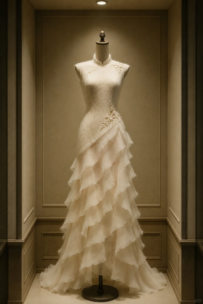 ✨Girlhomeshops-Chinese Mermaid Qipao Gown with Tiered Ruffle Tulle Skirt gh10362