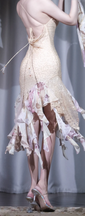 ✨Girlhomeshops-Champagne Spaghetti Strap Prom Dress Cowl Neck Floral Ruffle Sequin Evening Gown gh9967