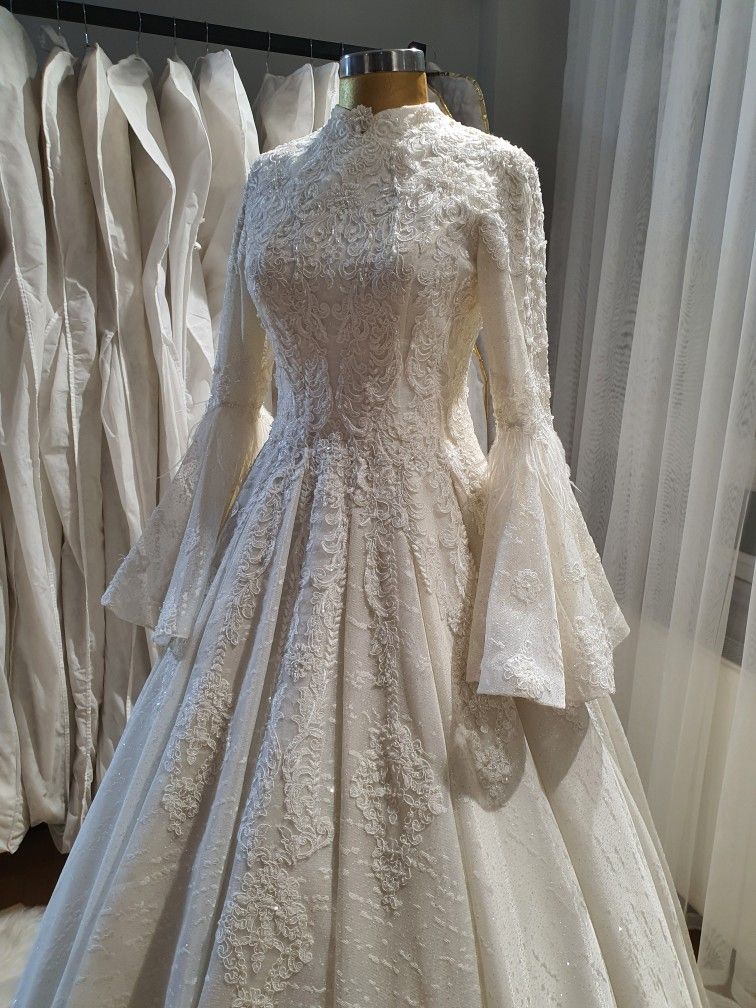 Vintage-Palastkleid im Palaststil mit hohem Kragen, Glockenärmeln und Spitze | Paillettenbesetztes Tüll-Ballkleid-Maxikleid für Hochzeit, Braut, Abendveranstaltung, Verlobung, Bankett gh6412