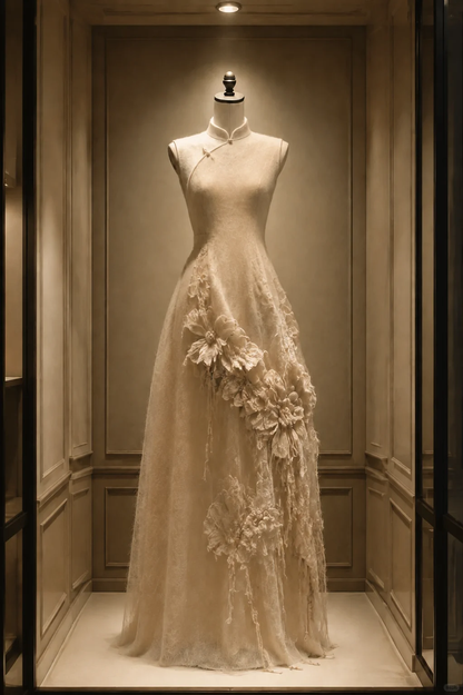 ✨Girlhomeshops-Champagne 3D Fabric Flower Tassel Sleeveless Qipao Cheongsam Evening Gown gh10395