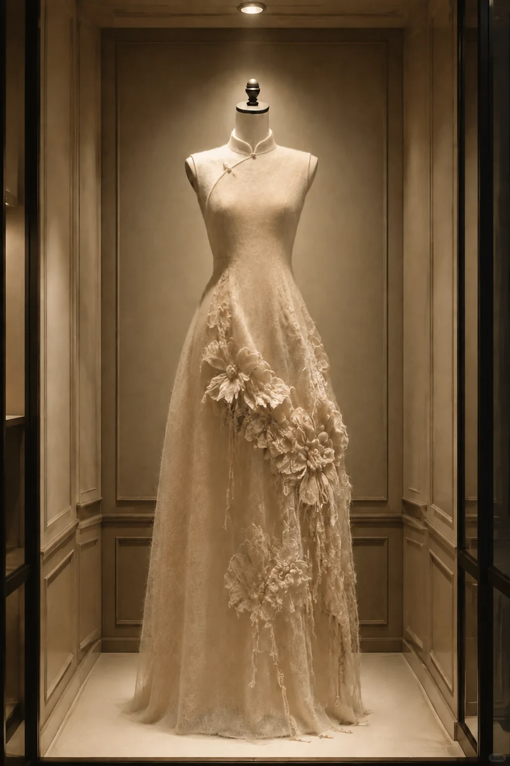 ✨Girlhomeshops-Champagne 3D Fabric Flower Tassel Sleeveless Qipao Cheongsam Evening Gown gh10395