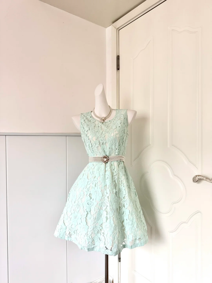 Women Mint Green Homecoming Dress, Sleeveless Round Neck All‑Over Floral Lace, Pearl Rhinestone Decorative Wide Sash, High Waist Fit‑and‑Flare A‑Line Mini Cocktail Party Dress gh9239