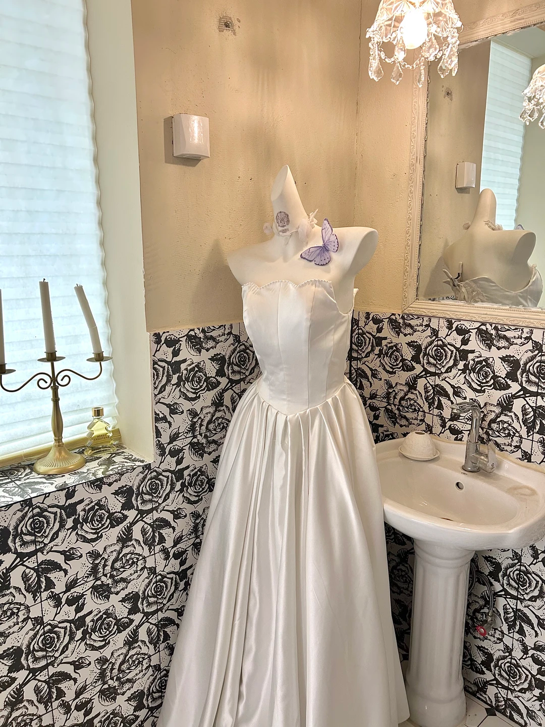 Ivory Strapless Long Romantic Dress with Cinched Waist and Full Flared Skirt, Wedding Gown gh7774