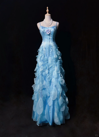 Light Blue Square Neck Prom Dress Spaghetti Straps 3D Petal Tulle Beaded Formal Dress gh9546