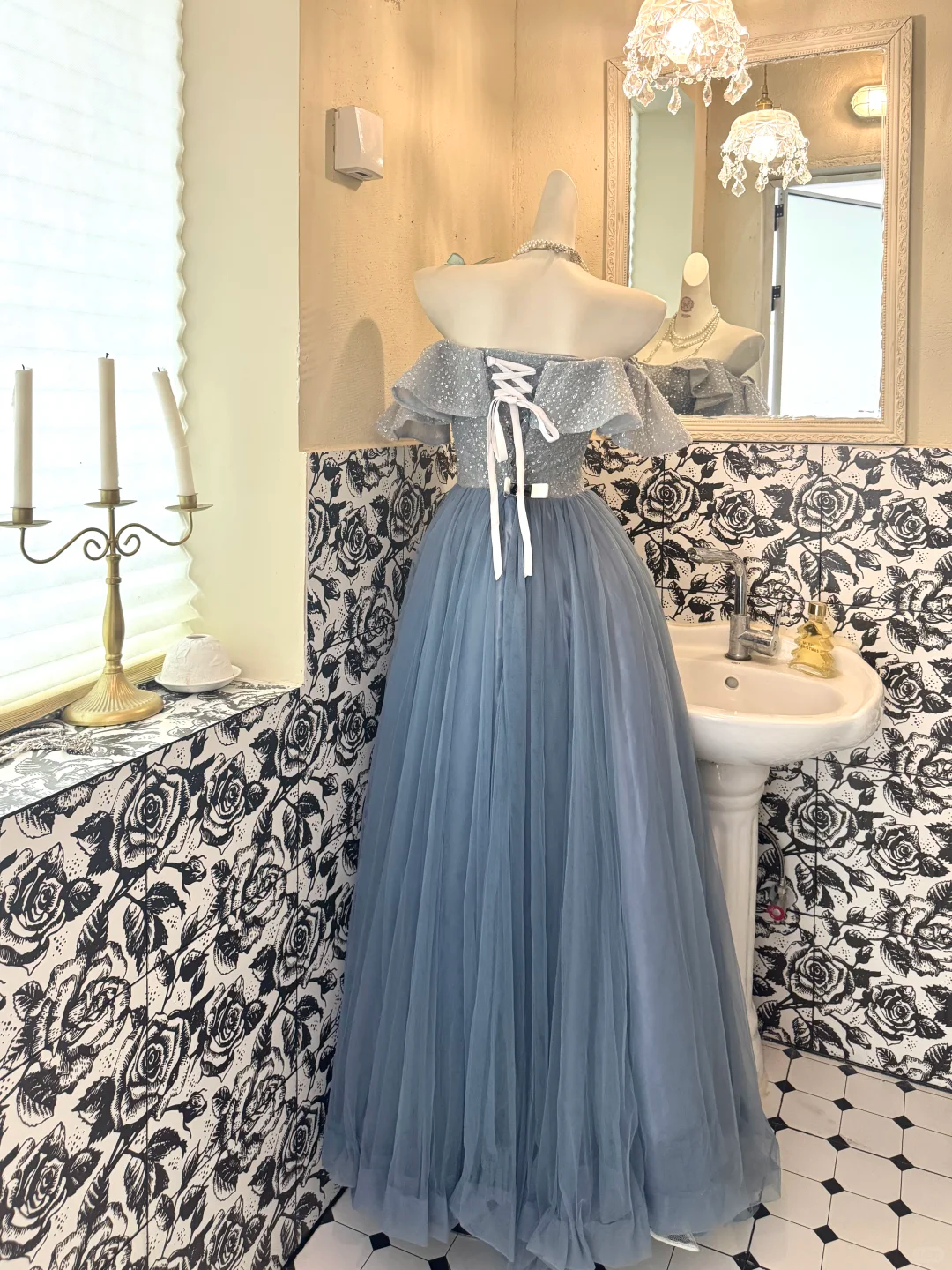 Light Gray Blue Off-Shoulder Waist-Cinched Full Flared Long Romantic Dress, Wedding Gown gh7505