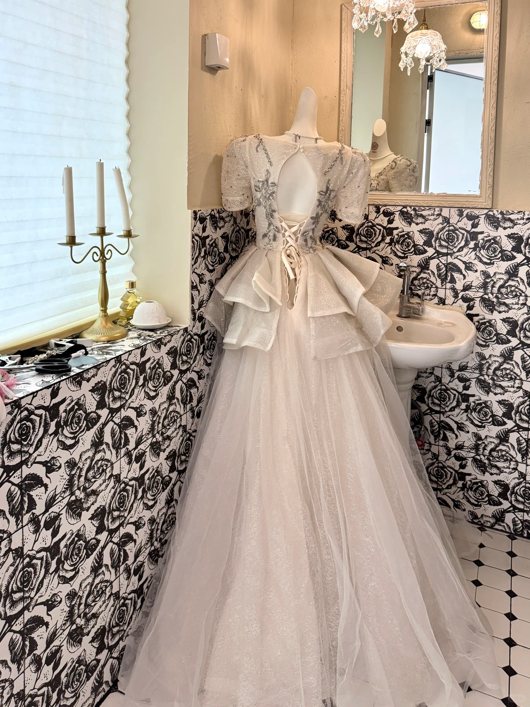 Ivory Square Neck Waist-Cinched Gown with Silver Embellishments, Elegant Voluminous Long Skirt Vintage Romantic Dress, Wedding Gown gh7548