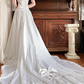 Ivory Vintage Satin Wedding Gown, V‑Neck Off‑The‑Shoulder Pleated Cape Sleeves, Heavy Lace Appliqué Fitted Bodice, A‑Line Long Train With Lace Hem, Prom Dress gh8634