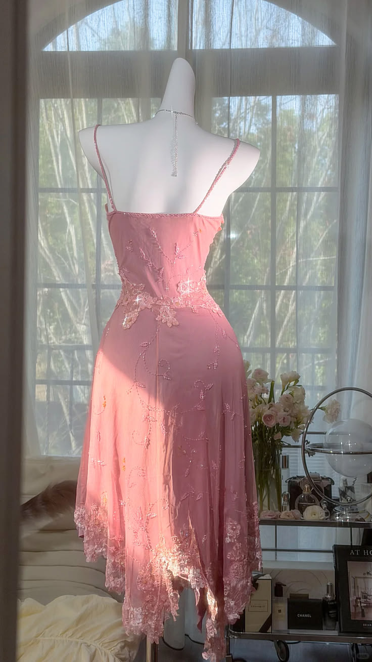 Light Pink V-Neck Spaghetti Straps Waist-Cinched Fitted Midi Evening Dress, Fairy Gown, Romantic Gown gh7436