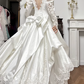 Ivory Vintage Lace Satin Wedding Dress, Off‑Shoulder Puff Long Sleeve Bridal Gown gh8742