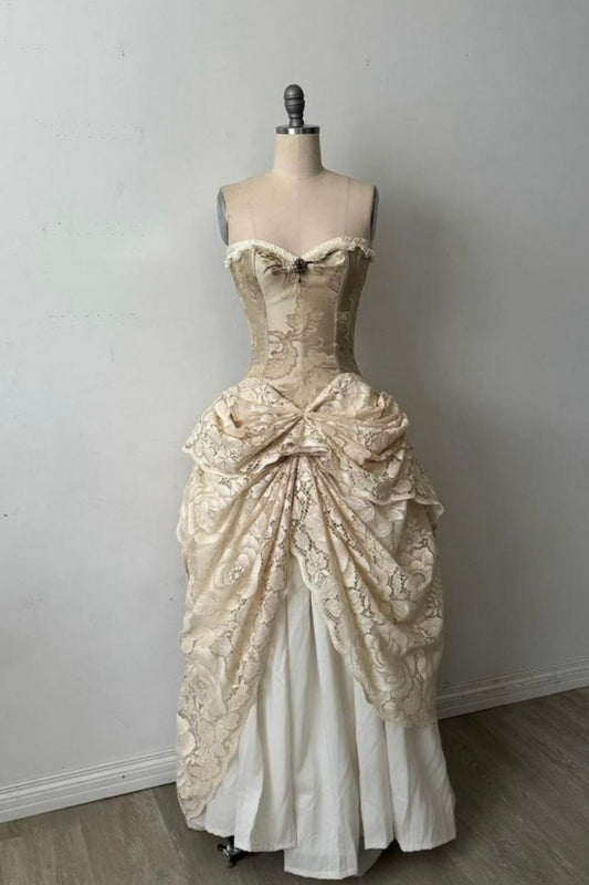 Ärmelloses champagnerfarbenes Spitzenkorsettkleid | Vintage-Luxus-Midikleid mit Schleife für den Galaball gh6463