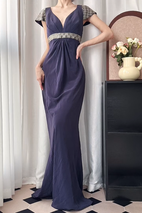 Navy‑Blue‑Vintage‑Gown Deep‑V‑Neck Sequin‑Cap‑Sleeves Silver‑Grey‑Beaded‑Waist‑Sash Gathered‑Draped‑Bust Matte‑Crinkled‑Fabric Fitted‑Mermaid‑Floor‑Length‑Evening‑Prom‑Dress gh8835