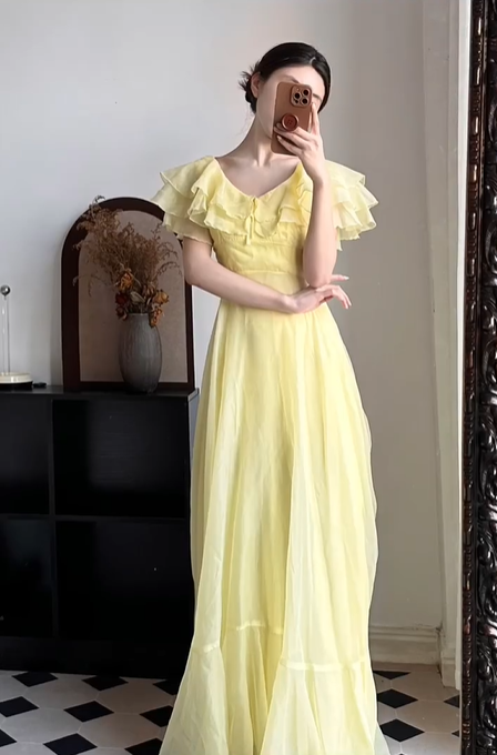 Pale‑Yellow‑Vintage‑Maxi‑Gown V‑Neck‑Double‑Ruffle‑Flutter‑Sleeves Chest‑Bow‑Tie High‑Waist‑Flowy‑Skirt Light‑Sheer‑Fabric Cottage‑Core‑Bridesmaid‑Evening‑Dress gh8849