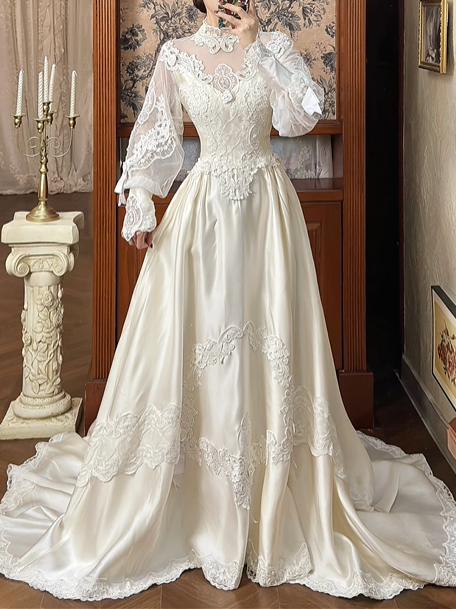 Off‑White Vintage Victorian Illusion High‑Neck Lace Puff Long Sleeve Fitted Waist Satin Long Prom Gown, Wedding Dress gh8614