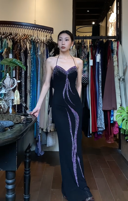 Black Halter Sweetheart Long Formal Gown Purple Rhinestone Beaded Mermaid Evening Dress gh9668