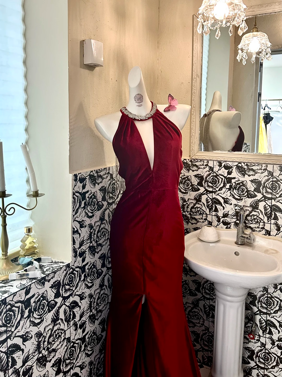 Burgundy Halter Waist-Cinched Slim Fit Mermaid Sexy Long Romantic Dress, Wedding Gown gh7619