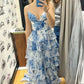 Blue Floral Print V Neck A-Line Spaghetti Straps Ruffles Tiered Slits Long Graduation Dress Evening Gown Prom Dress Wedding Guest Party Dress gh3182