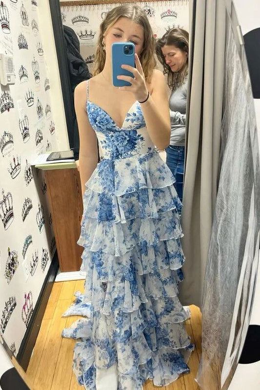 Blue Floral Print V Neck A-Line Spaghetti Straps Ruffles Tiered Slits Long Graduation Dress Evening Gown Prom Dress Wedding Guest Party Dress gh3182