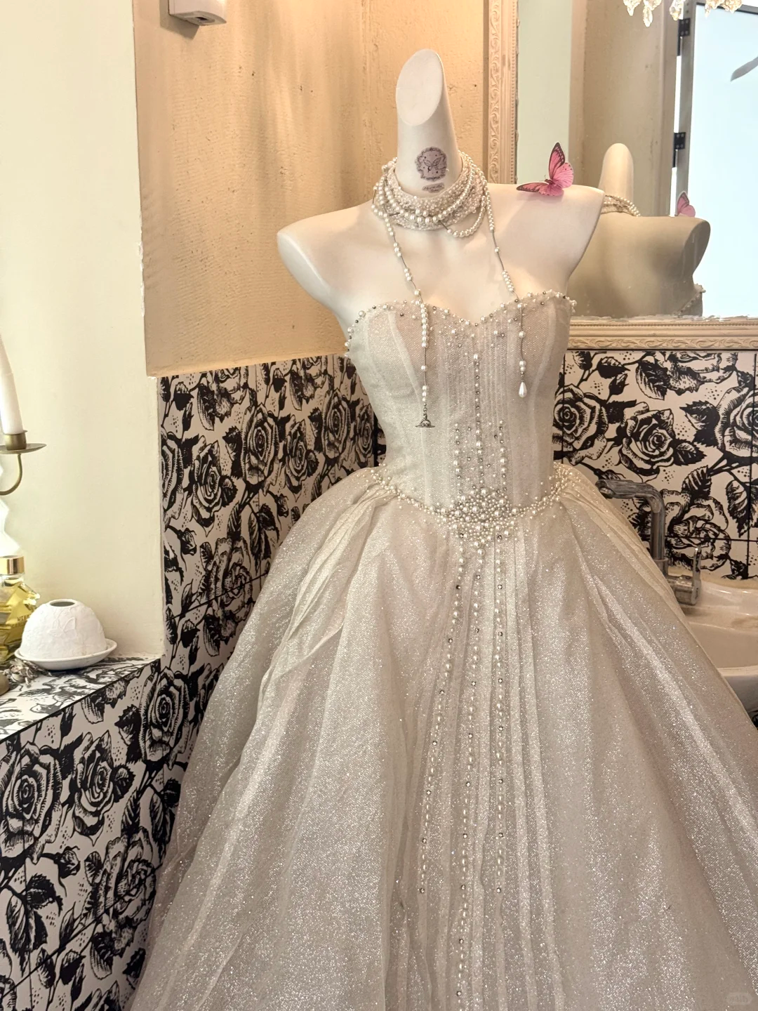 Beige Strapless Waist-Cinched Sequin & Bead Elegant Full Flared Romantic Dress, Wedding Gown gh7515